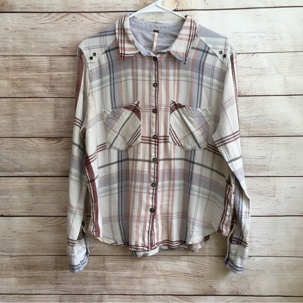 FREE PEOPLE LINEN BLEND PLAID SHIRT